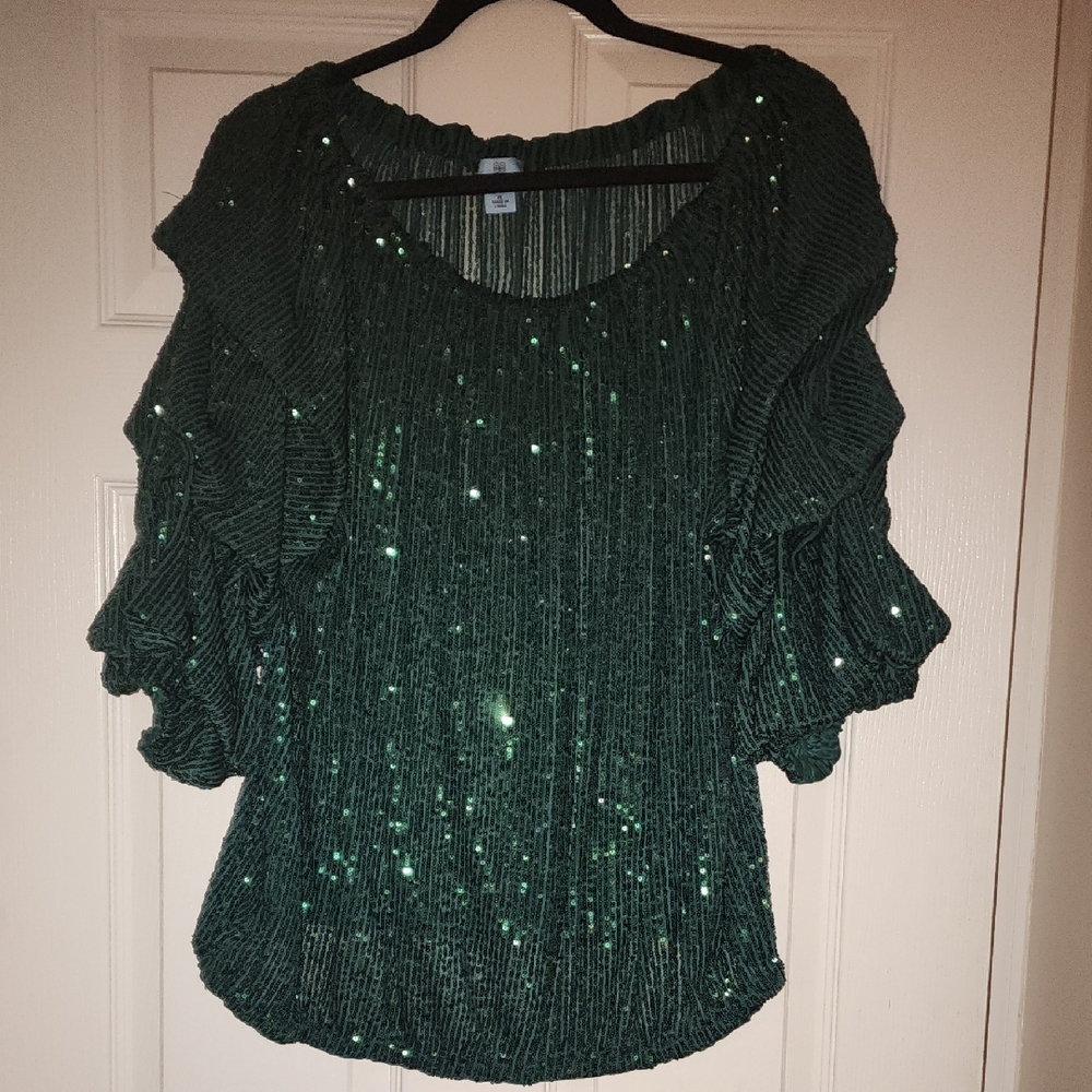 CeCe Green Flutter Sleeve Sequin Blouse